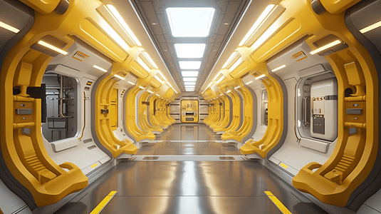 科幻背景小说室内渲染科幻飞船走廊黄光3D渲染
