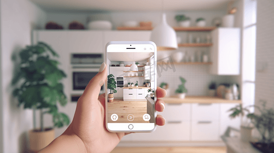 智能家居技术界面手机app增强现实物联网现代厨房室内设计物联网女性手持遥控装置3d