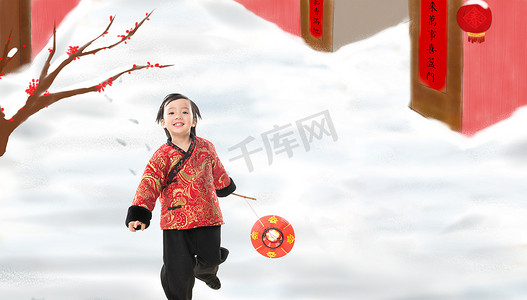 插画可爱摄影照片_快乐的小男孩拿着灯笼过新年