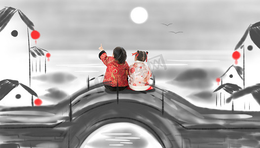 桥小朋友摄影照片_两个小朋友坐在桥上看月亮