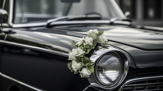 结婚婚车摄影照片_婚车上有美丽的花卉装饰
