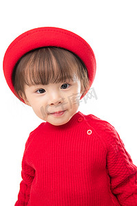 红帽摄影照片_穿红衣戴红帽的可爱小女孩