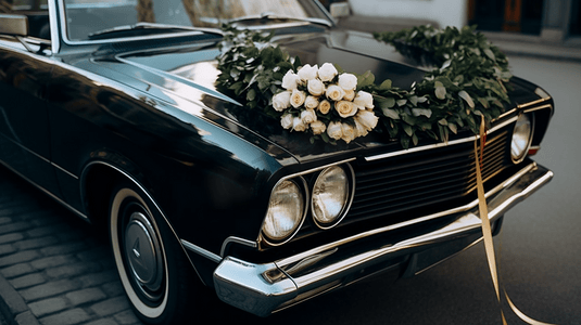 婚车上有美丽的花卉装饰