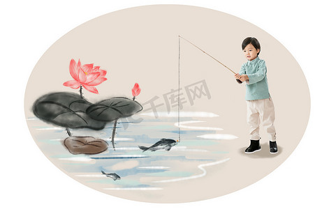 可爱卡通元素摄影照片_小男孩在河边钓鱼