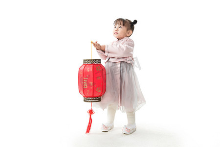 可爱的小女孩拿着红灯笼