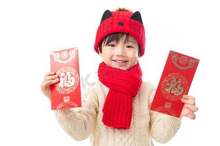 红包新年活动摄影照片_小男孩过年穿新衣服拿红包