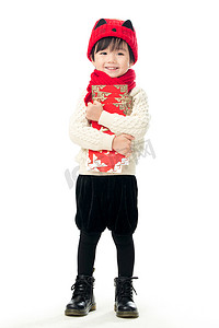 新红包摄影照片_小男孩过年穿新衣服拿红包