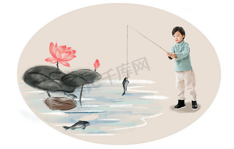 卡通插画花摄影照片_小男孩户外钓鱼