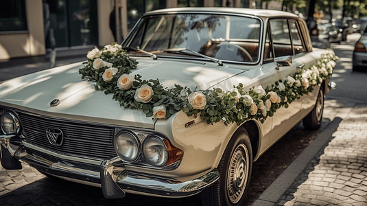 婚车上有美丽的花卉装饰