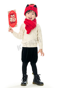 红包2摄影照片_可爱的小男孩过年拿红包