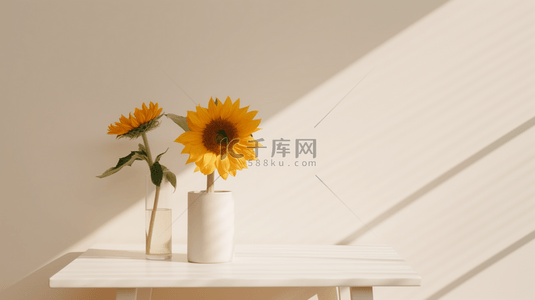木桌面俯视背景图片_温暖明亮的桌面和向日葵花瓶