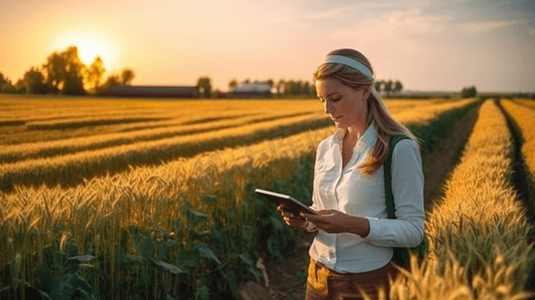绿色农业科技摄影照片_一位女农民正在检查田里的谷物，并将数据从平板电脑发送到云端。智能农业和数字农业。
