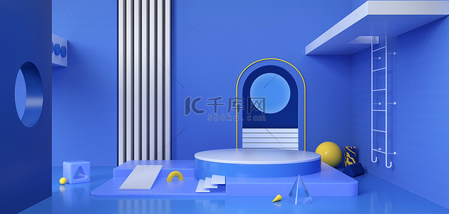 卡通c4d展台背景图片_C4D几何空间蓝色卡通海报