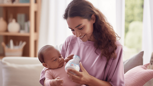 爱心幸福摄影照片_一个女人用奶瓶喂婴儿