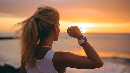 可穿戴智能设备摄影照片_成功自由智能手表女人从后面看日落。赢得目标成就健身运动员女孩在热带夏季海滩欢呼戴着可穿戴技术智能手表活动手环。

