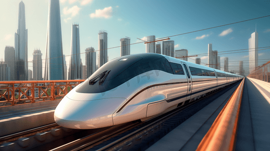 小客车摇号摄影照片_桥上未来主义客运列车的3d模型。开得非常快。未来的概念。3 d渲染。

