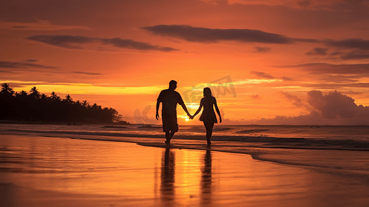 夕阳下沙滩上牵手的情侣