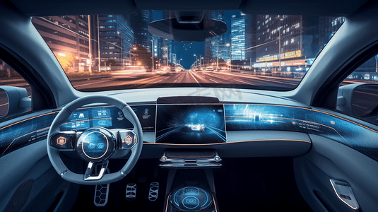 物物联网摄影照片_未来汽车座舱。自主车。无人驾驶车辆。平视显示器(HUD)。GUI(图形用户界面)。IoT(物联网)。
