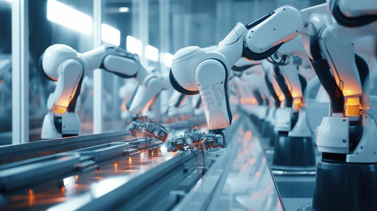 科技机器人摄影照片_自动机器人在工厂流水线上工作。智能工厂工业4.0概念。
