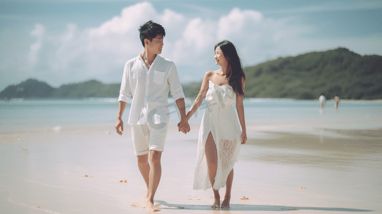 爱情背景摄影照片_一对亚洲情侣的背景，手牵手在沙滩上奔跑