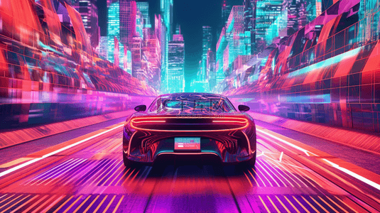 3d炫彩霓虹灯未来主义城市智能汽车
