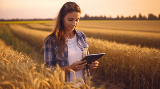 科技云端数据摄影照片_一位女农民正在检查田里的谷物，并将数据从平板电脑发送到云端。智能农业和数字农业。
