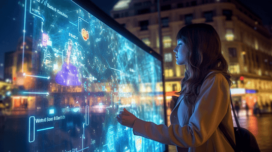 年轻的女游客在巴塞罗那市中心使用智能城市小工具问路，夜间城市的女性站在大数字屏幕前，屏幕上显示着城市地图的路线和位置
