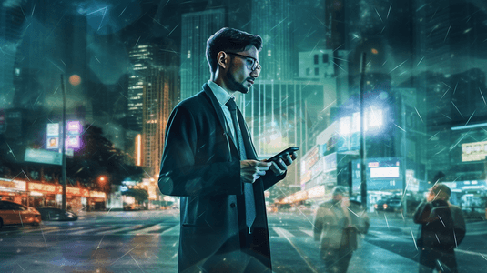 摘要商人利用手机智能手机混合双曝光图像与翻转夜创意城市背景。永远保持联系的概念。
