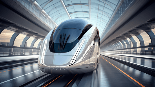 科技列车摄影照片_桥上未来主义客运列车的3d模型。开得非常快。未来的概念。3 d渲染。
