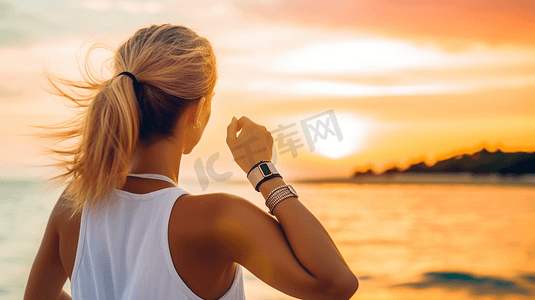 智能穿戴摄影照片_成功自由智能手表女人从后面看日落。赢得目标成就健身运动员女孩在热带夏季海滩欢呼戴着可穿戴技术智能手表活动手环。
