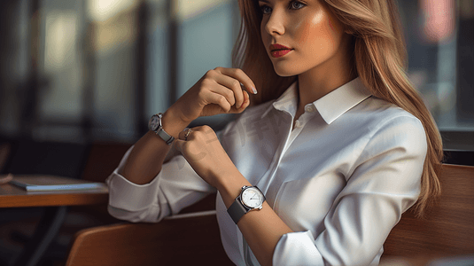 手表摄影照片_年轻女性手腕上戴着智能手表。不知名的女商人和智能手表
