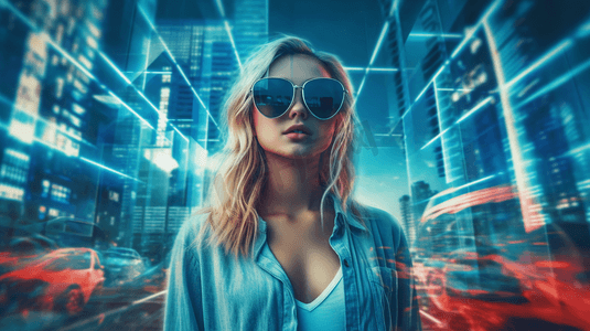 vr科幻背景摄影照片_穿着格子衬衫，戴着VR眼镜的年轻金发女子在夜晚的城市背景下惊讶不已。虚拟旅游的概念和高科技。调色图像双重曝光
