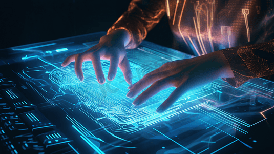 女性双手在计算机和数据主题全息图绘制上的多重曝光。技术的概念。
