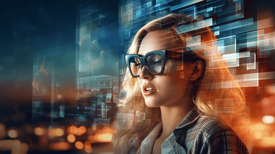 科技摄影照片_穿着格子衬衫，戴着VR眼镜的年轻金发女子在夜晚的城市背景下惊讶不已。虚拟旅游的概念和高科技。调色图像双重曝光
