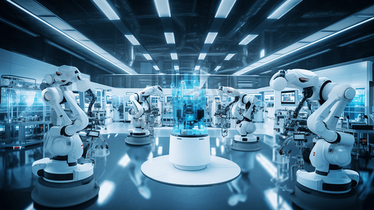 智能工厂沙盘摄影照片_智能工厂采用未来技术，结合大数据物联网5g机器深度学习自动化机器人增强混合虚拟现实数字双胞胎人工智能
