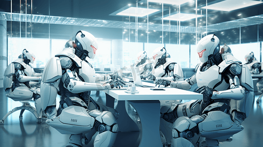 机器人团队在办公室工作的未来技术概念
