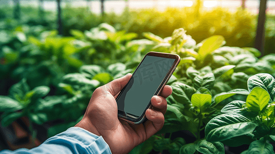 绿色农业科技摄影照片_智能农业、农业综合企业和技术。农民用智能手机扫描农作物种植的跟踪应用细节，以验证生产者和消费者之间的质量。
