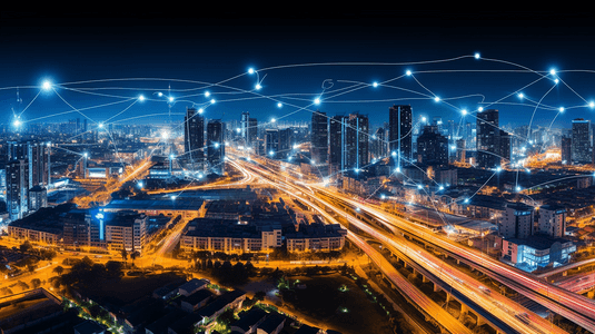 科幻未来科技摄影照片_智慧城市事物图标在城市交通夜背景和无线通信网络商业区与高速公路相结合。(商业及互联网概念)
