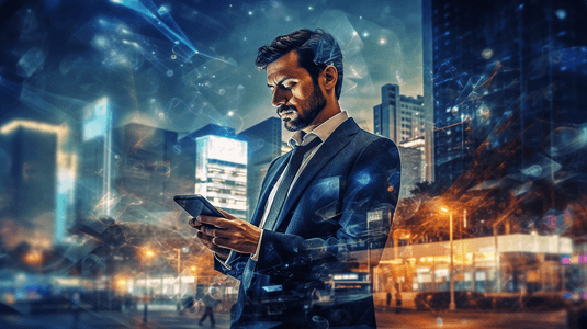 城市科技背景摄影照片_摘要商人利用手机智能手机混合双曝光图像与翻转夜创意城市背景。永远保持联系的概念。
