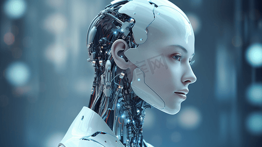 半边人脸摄影照片_面向未来人类生活的机器人和半机械人发展的三维渲染人工智能AI研究。为计算机大脑设计的数字数据挖掘和机器学习技术。
