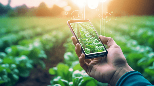 农业技术与有机农业理念。农业科技的图标和信息，农民手持智能手机在蔬菜田。
