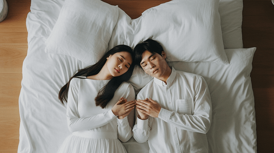 海报背景七夕摄影照片_一个女人躺在床上用双手做心形