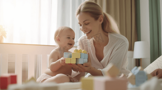 幼儿园成长册摄影照片_坐在床上抱着婴儿的女人