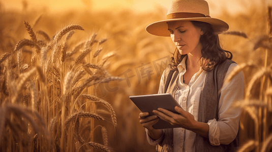 云端旭日摄影照片_一位女农民正在检查田里的谷物，并将数据从平板电脑发送到云端。智能农业和数字农业。
