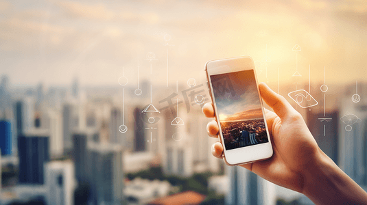 科幻智能摄影照片_物联网物联网智能家居智慧城市和网络连接概念。人类手持白色手机和物联网图标，城市日落景观和地球由美国宇航局提供。背景和wifi图标
