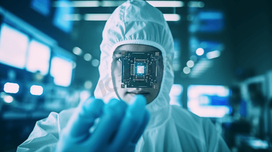 在超现代电子制造工厂，设计工程师穿着无菌工作服，手持带有未来全息符号的微芯片。人工智能机器人的未来。
