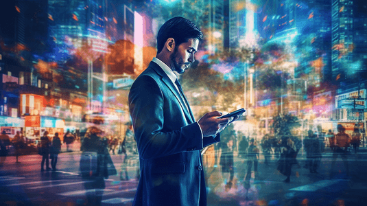 城市科技背景摄影照片_摘要商人利用手机智能手机混合双曝光图像与翻转夜创意城市背景。永远保持联系的概念。
