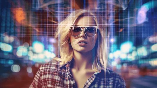 vr科幻背景摄影照片_穿着格子衬衫，戴着VR眼镜的年轻金发女子在夜晚的城市背景下惊讶不已。虚拟旅游的概念和高科技。调色图像双重曝光
