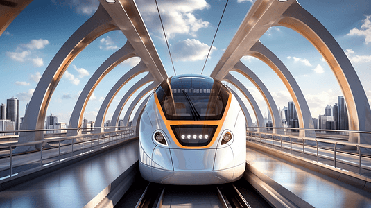 桥上未来主义客运列车的3d模型。开得非常快。未来的概念。3 d渲染。
