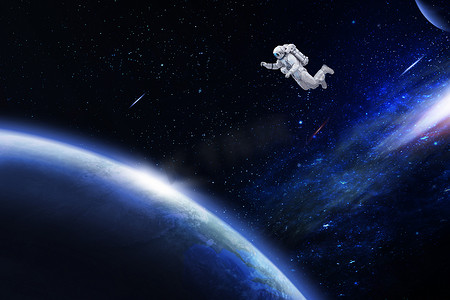 星球宇宙插画摄影照片_航天员在宇宙空间遨游